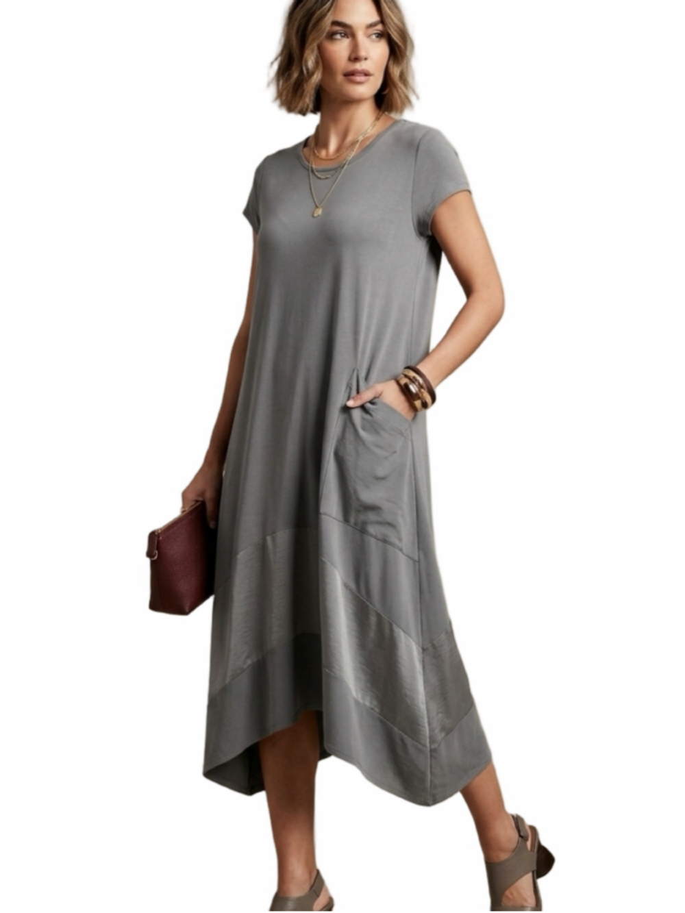 Pistache Made in Italy 100% Cotton Grey Handkerchief Hem Midi Dress XL 2057 inch